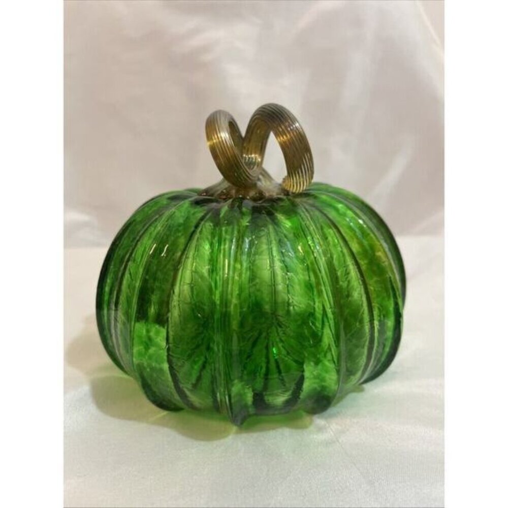 Hand Blown 5” Glass Pumpkin Green With Amber Stem Centerpiece Decor